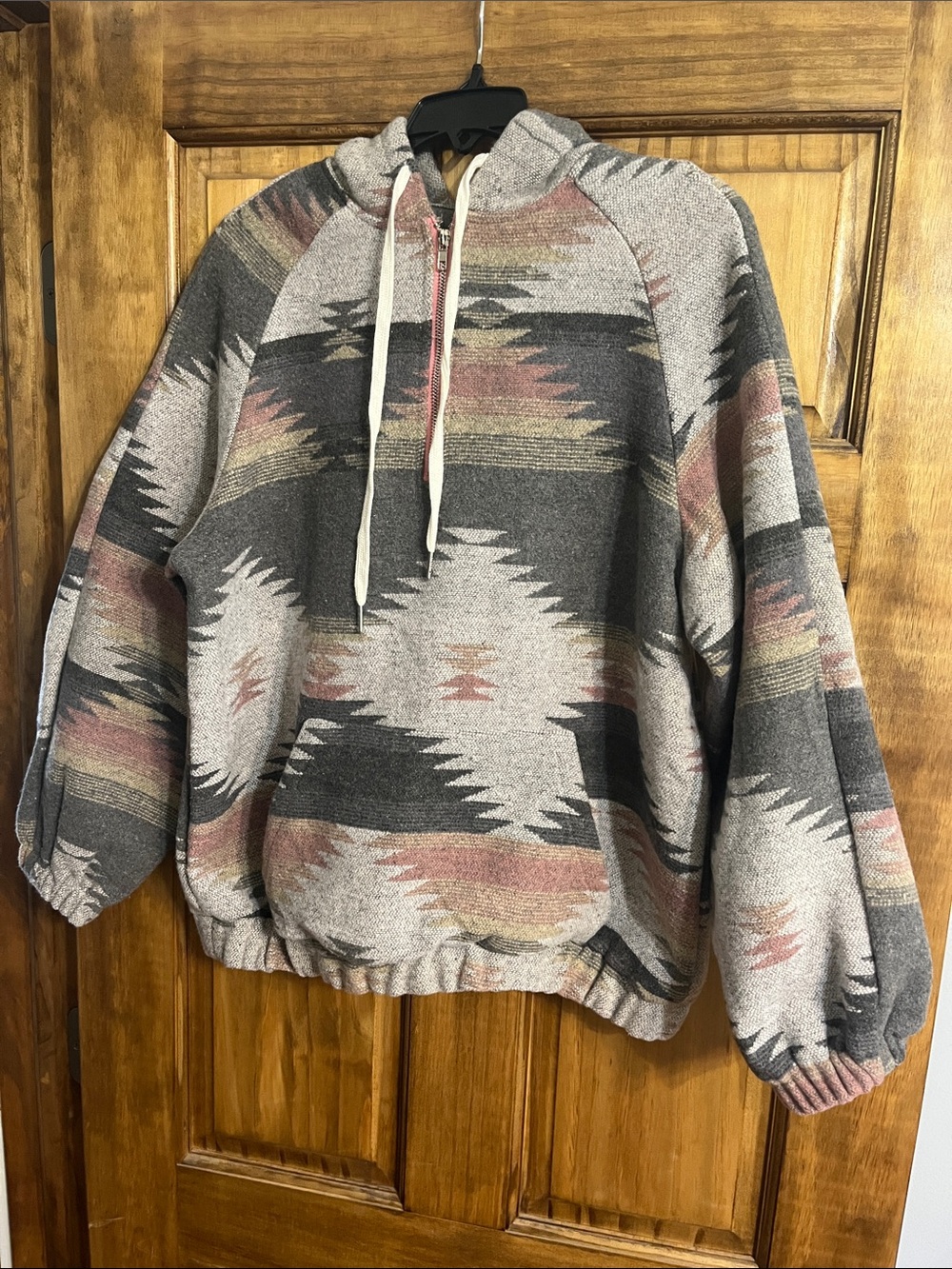 Women’s Quarter Zip-Up Hooded Pullover Jacket - Gray with Muted Pink Accents